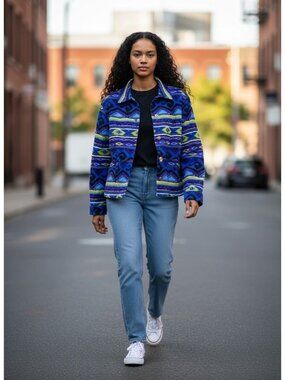 Chicos Anniversary Collection Aztec-Print Button-Up Jacket 1 Blue Yellow Cotton